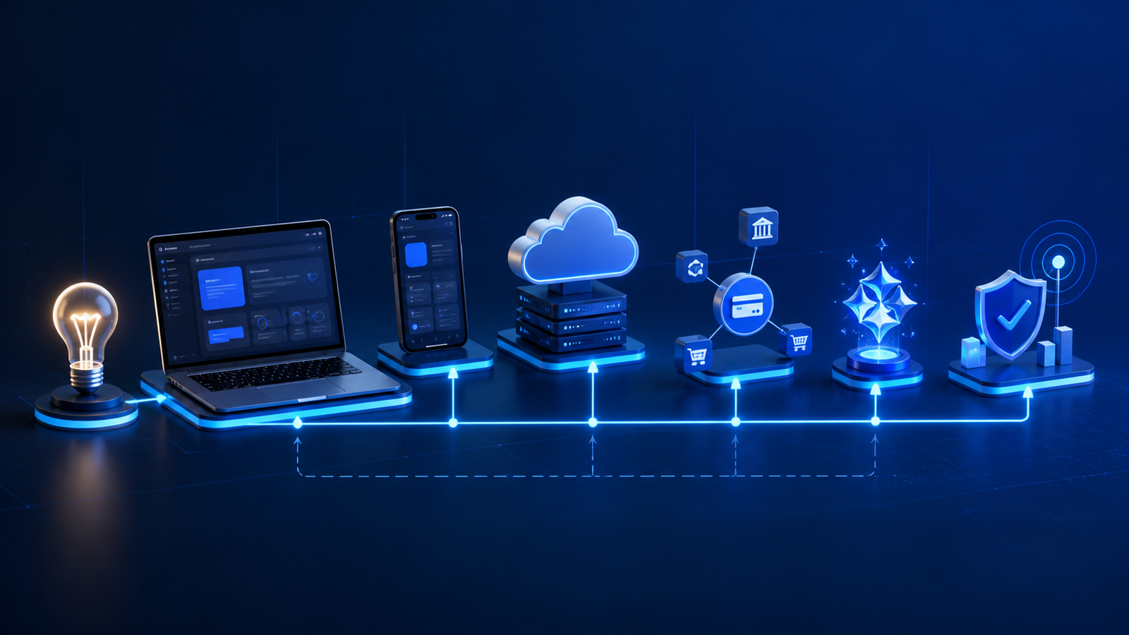 Connected software delivery pipeline from an idea through web, mobile, cloud, integrations, AI and support